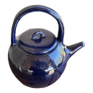 Vintage Blue Glazed Ceramic Stoneware Top Handle Teapot For Sale