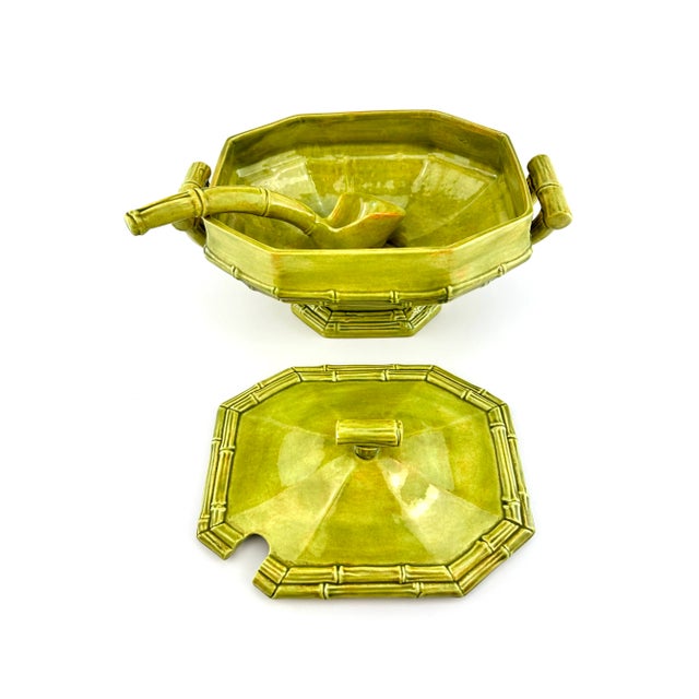 Vintage Opray Green Ceramic Bamboo Tureen With Lid and Ladle For Sale - Image 4 of 13