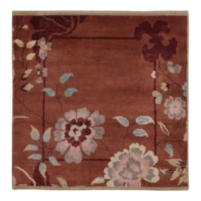 Rug & Kilim’s Chinese Art Deco Inspired Square Rug, Vibrant Florals on Rust For Sale