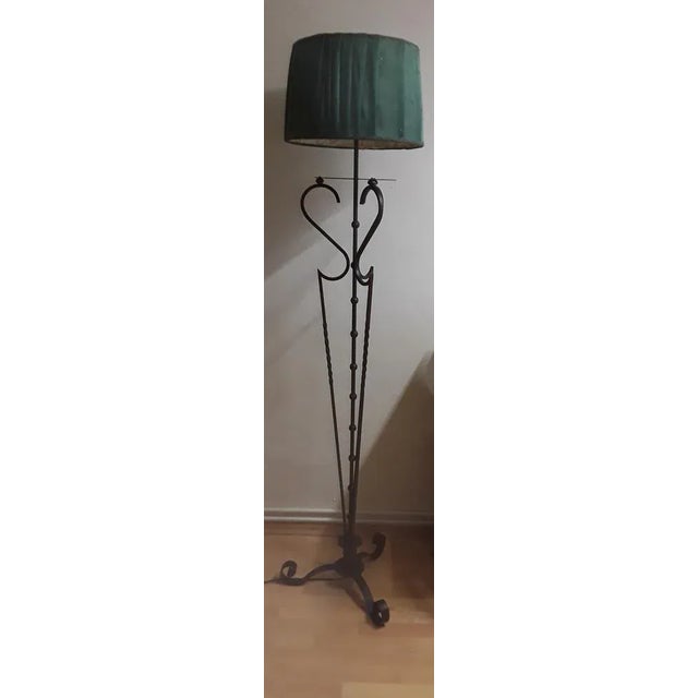 Vintage Floor Lamp with Filigree Iron Frame and Handmade Green Fabric Shade, 1980s For Sale - Image 4 of 9