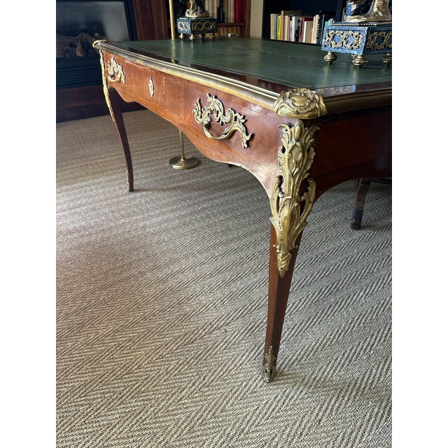 Wood Early 20th Century French Desk Bureau Plat,Louis XV Revival Style, Green Leather Surface With Gold Tooling For Sale - Image 7 of 8