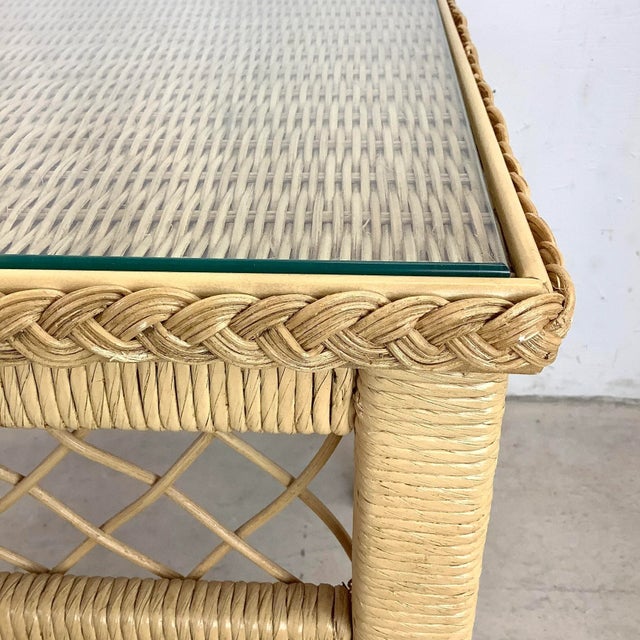 Bohemian Modern Henry Link Style Wicker and Glass Top Side Table For Sale - Image 11 of 13