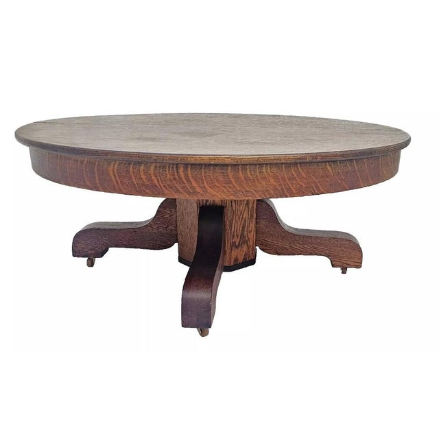 Wood Antique 1910s Mission Quarter Sawn Tiger Oak Round Coffee Table, Arts & Crafts For Sale - Image 7 of 12