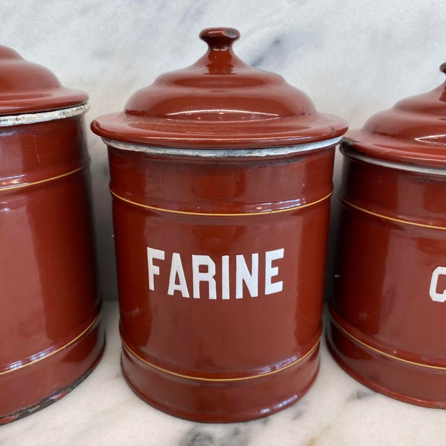 Set of Five French Reddish Brown Enamel Kitchen Canisters With Original Lids For Sale - Image 4 of 18