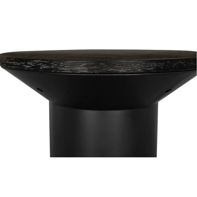 This minimalist side table features a round walnut top with an Ebony Walnut finish, paired with a matte black iron...