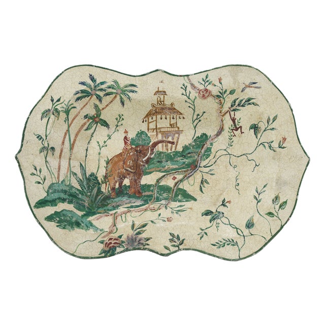 Vintage Scalloped Decorative Tray With Hand-Painted Elephant and Jungle Motif For Sale
