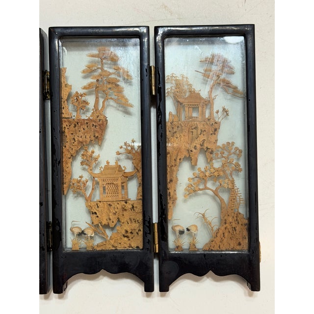 Mid 20th Century Chinese San You Cork Carving Four\-Panel Tabletop Screen** For Sale - Image 4 of 11