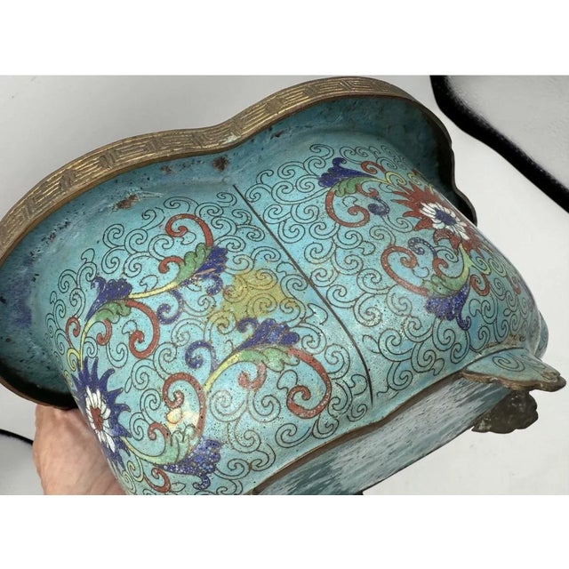 Antique Qing Dynasy Lobed Cloisonne Enamel Planter jardinaire, Blue Enamel On copper, Footed, Oldie! This copper...