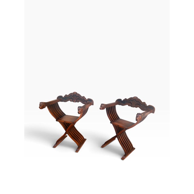 Traditional Pair of Vintage Renaissance Revival Savonarola Chairs With Carved Lion Heads For Sale - Image 3 of 14