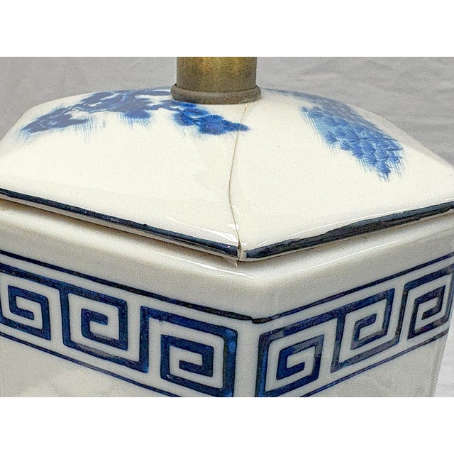 Vintage Mid Century Blue and White Ceramic Hexagon Shaped Table Lamps- A Pair For Sale - Image 17 of 17