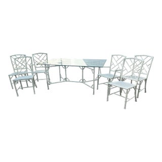 Vintage Brown Jordan Faux Bamboo Patio Dining Table and Chairs-Set of 7 For Sale