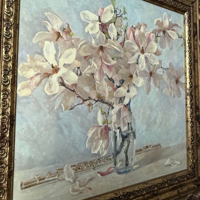 Impressionist Vintage Impressionist Style Magnolia Still Life Painting in Distressed Gilt Frame, Signed For Sale - Image 3 of 8