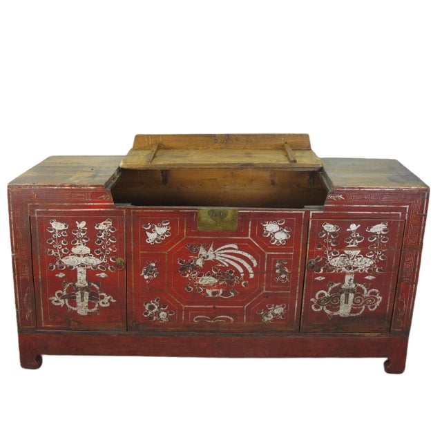 Two Doors 60" Long Red Hand Painted Antique Chinese Sideboard For Sale - Image 10 of 12