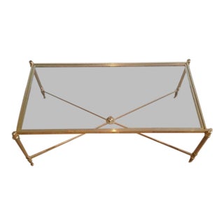 Rectangular Mid Century Brass Coffee Table With Clear Glass Top & Cross Stretcher For Sale