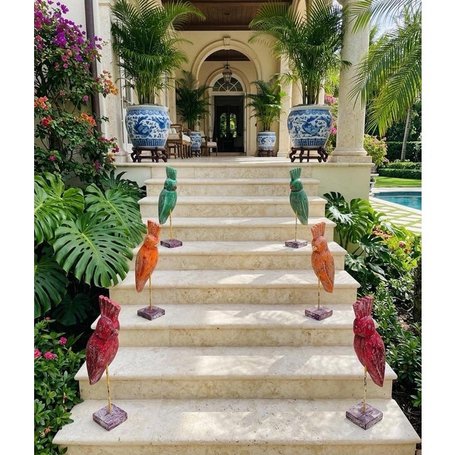 Vintage Indian Hand-Carved & Painted Wooden Parrots on Stands - Set of 6 For Sale - Image 9 of 11