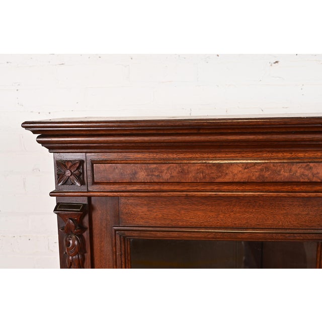 Brown Herter Brothers Style Antique Eastlake Victorian Carved Walnut and Burl Wood Bookcase, Circa 1880s For Sale - Image 8 of 14