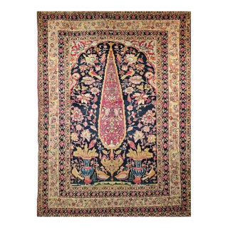 19th Century Persian Kerman Lavar Rug, Hand-Knotted Wool, Tree of Life Pattern, Navy & Ivory, 4x6 For Sale