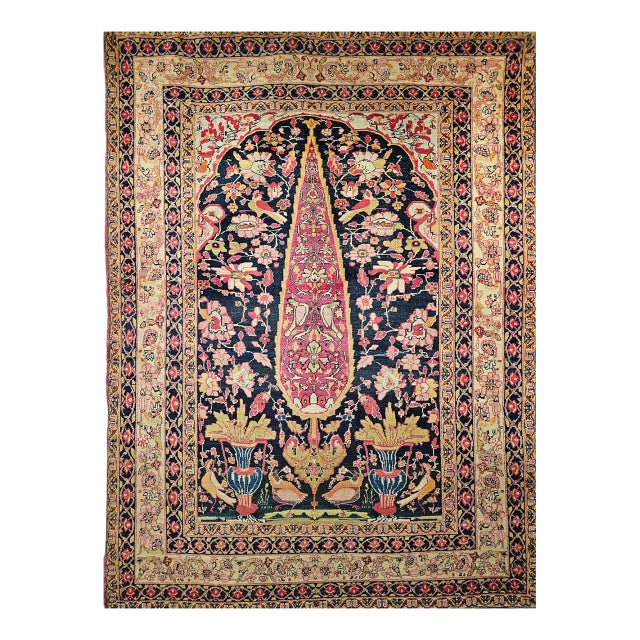 19th Century Persian Kerman Lavar Rug, Hand-Knotted Wool, Tree of Life Pattern, Navy & Ivory, 4x6 For Sale