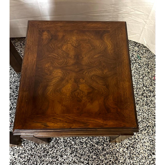 Pair of Lane Furniture campaign style tables. Asian inspired, brass accents, each measuring 18” x 20” x 16.5” Made In USA....