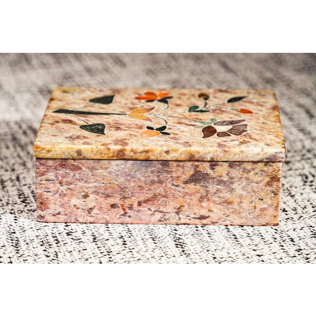 Orange 1930s Beautiful Pietra Dura Hand Made Antique Inlaid Stone Flower Specimen Jewelry Trinket Box Home Decor For Sale - Image 8 of 14