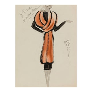 Vintage French Fashion Art Print – Rust & Black Art Deco Illustration, 24" X 32" For Sale