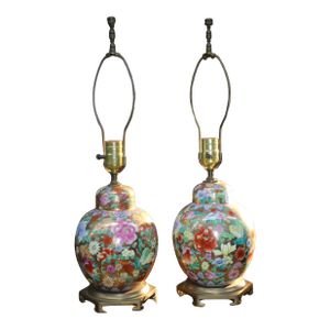 1940s Pair of Chinese Mille Fleurs Ginger Jar Lamps