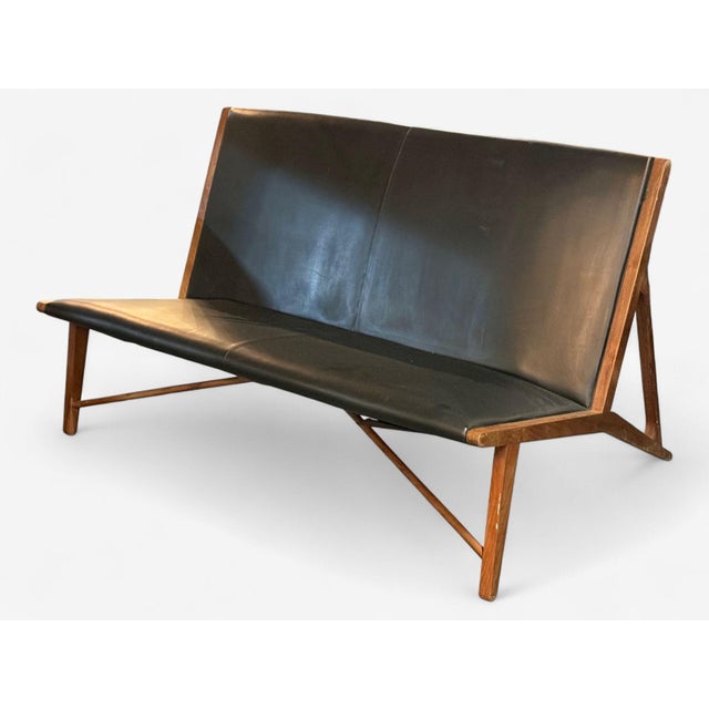 Hans J. Wegner Style, Teak, Leatherette, Settee, Denmark, 1950s For Sale - Image 4 of 12