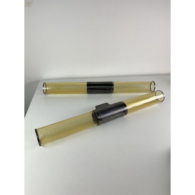 Long Double-Light Wall Lamps in Murano Glass and Steel, 1980s, Set of 2 For Sale - Image 3 of 12