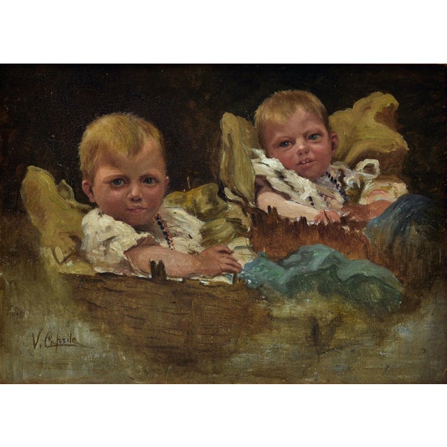 This charming oil on canvas by Vincenzo Caprile captures a tender childhood scene with the warmth and sensitivity that...