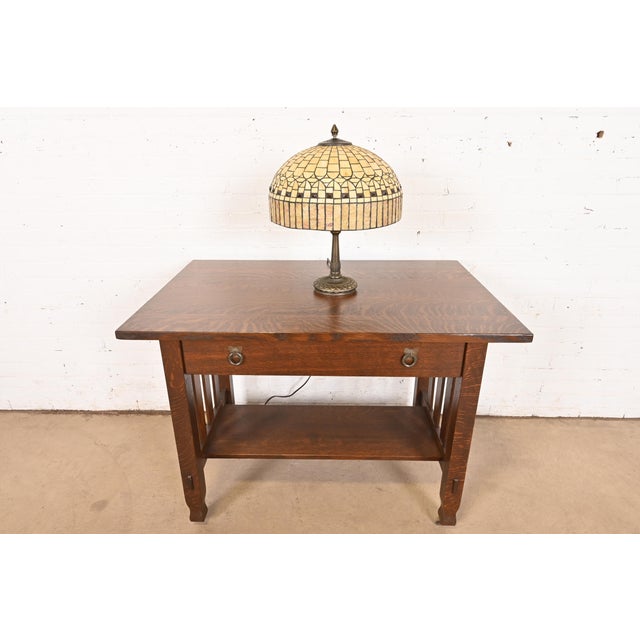 Tiffany Studios Style Arts & Crafts Table Lamp With Jeweled Caramel Glass Shade For Sale - Image 10 of 11
