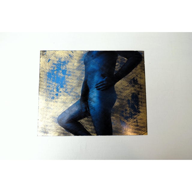 Male Nude Photography Hand Tinted Blue on Gold Leaf Paper, Framed, Original by C. Damien Fox For Sale - Image 4 of 4