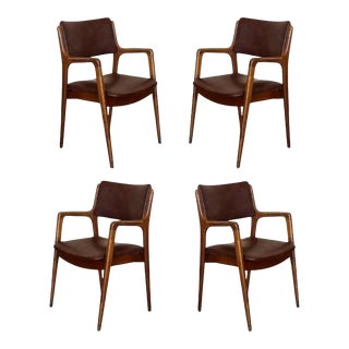 Modern Teak and Brown Leather Armchairs in Erik Buch Style For Sale