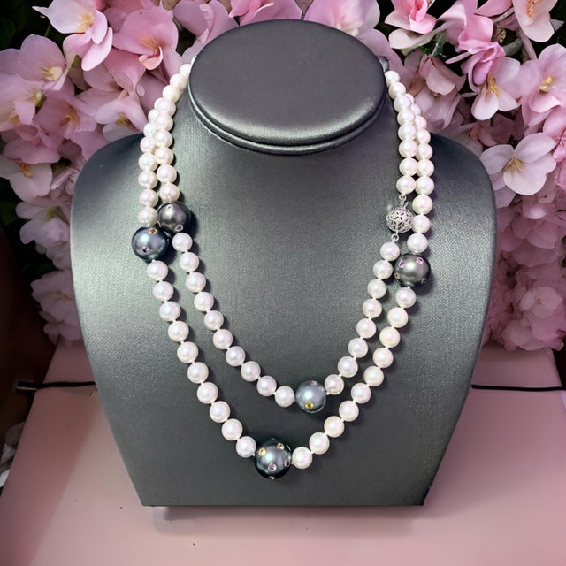 Akoya Tahitian Pearl Diamond Sapphire Necklace 14k Gold Certified For Sale - Image 14 of 16