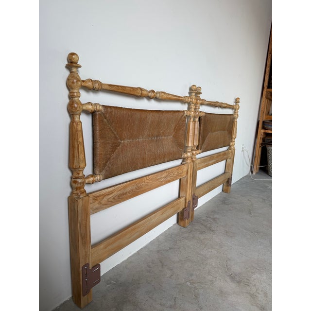 Contemporary Vintage Coastal Organic Pickled Ash & Woven Rush Twin Headboards – Pair For Sale - Image 3 of 12