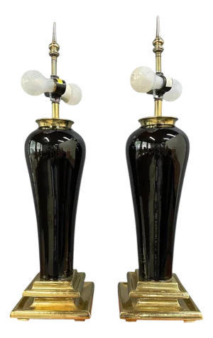 Pair of 1980s Hollywood Regency Black Ceramic Urn Lamps With Stepped Brass Bases by Chapman