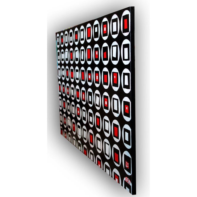 Abstract Red and Black Dynamic Circles Acrylic Painting by Natalia Bessonova Large Pattern Geometry Squares For Sale - Image 3 of 7