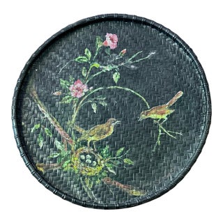 Large Hand Painted Rattan Tray-Bird-Floral-27''-Boho-Chinoiserie-Wall-Bamboo For Sale