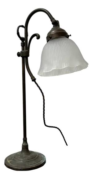 Vintage French Frosted Opaque Glass Bronze Adjustable Swan Neck Lamp Light
