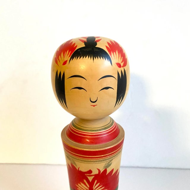 Mid-Century Modern Kokeshi Doll Large Japanese Vintage Wooden Statue Hand Painted Artist Signed 11” Tall For Sale - Image 3 of 8