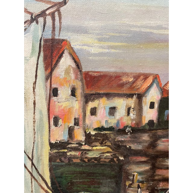 Textile Vintage Impressionist Harbor Scene Painting on Canvas Board, Signed Ferguson, Coastal Sailboat Seascape For Sale - Image 7 of 8