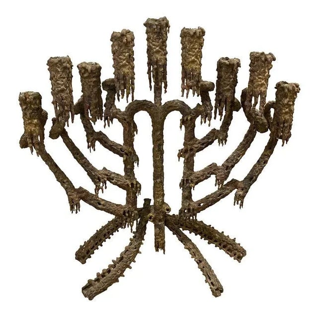 Brutalist Bronze Candelabra or Menorah by Daniel Gluck, California, 1970's For Sale - Image 9 of 9