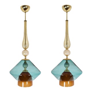 Pair of Petrol Blue Murano Glass Pendants For Sale