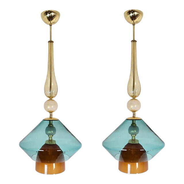 Pair of Petrol Blue Murano Glass Pendants For Sale