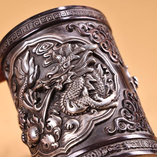 Brass 1970s Carved Dragon Brush Pot, Relief Dragon Pearl Design For Sale - Image 8 of 9