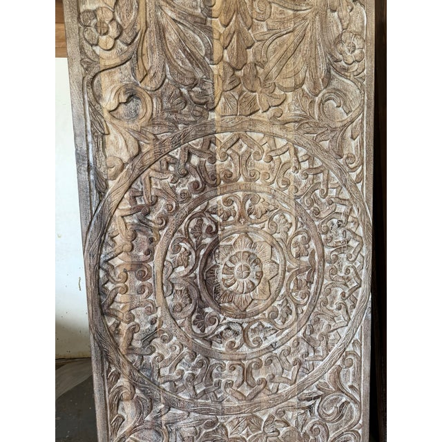 Mid-Century Modern Vintage Lotus Mandala Carved Barn Door – Reclaimed Wood Boho Wall Panel 80x36 For Sale - Image 3 of 8