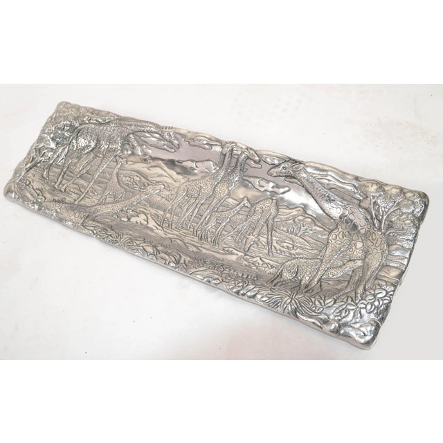 Arthur Court 1990s Safari Giraffe Arthur Court Cast Aluminum Repousse Rectangle Serving Platter Tray For Sale - Image 4 of 12
