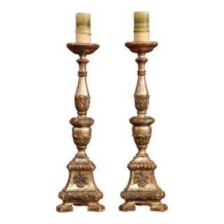 Pair of 19th Century Italian Carved Silver Leaf Pricket Candlesticks For Sale