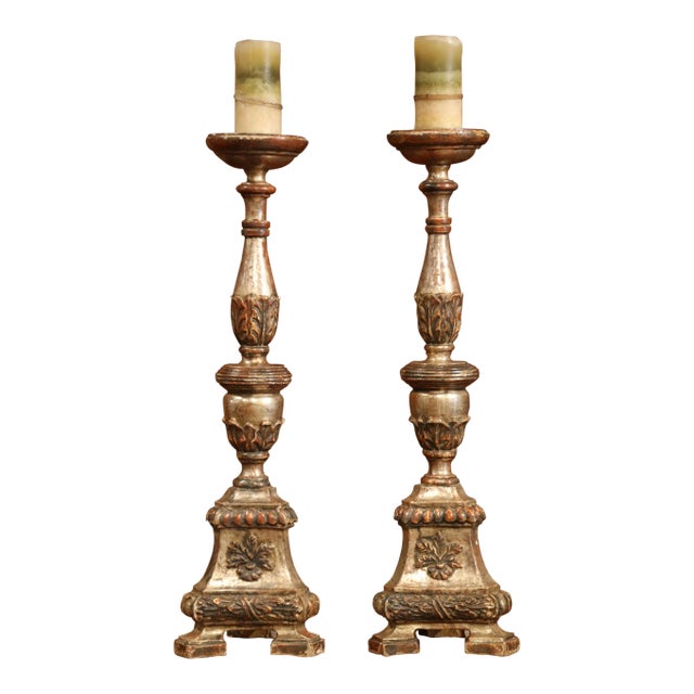 Pair of 19th Century Italian Carved Silver Leaf Pricket Candlesticks For Sale