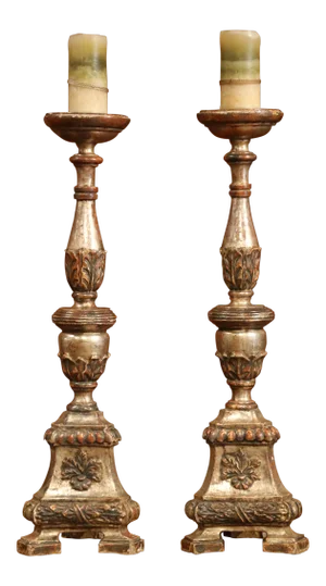 Pair of 19th Century Italian Carved Silver Leaf Pricket Candlesticks