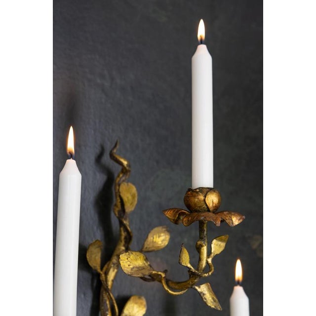 Hollywood Regency Gilt Tole Metal Triple-Arm Floral Wall Candle Sconce, 1970s For Sale - Image 4 of 18